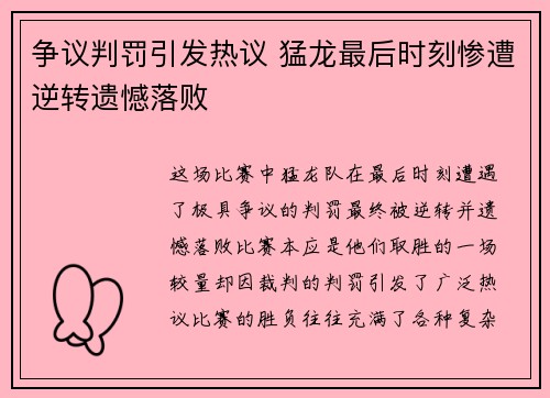 争议判罚引发热议 猛龙最后时刻惨遭逆转遗憾落败
