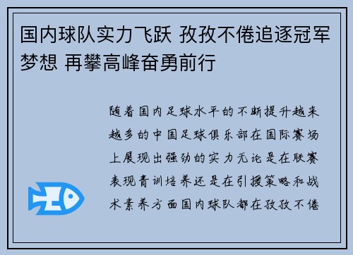 国内球队实力飞跃 孜孜不倦追逐冠军梦想 再攀高峰奋勇前行