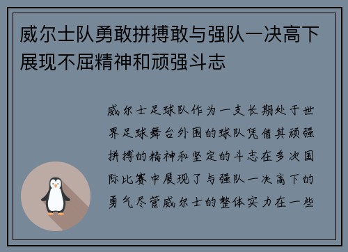 威尔士队勇敢拼搏敢与强队一决高下展现不屈精神和顽强斗志