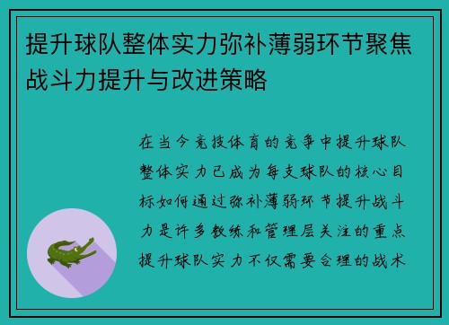 提升球队整体实力弥补薄弱环节聚焦战斗力提升与改进策略