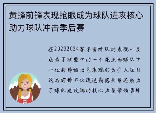 黄蜂前锋表现抢眼成为球队进攻核心助力球队冲击季后赛